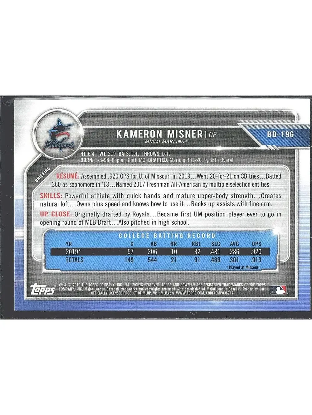 2019 Bowman Draft #BD-196 Kameron Misner HAND SIGNED